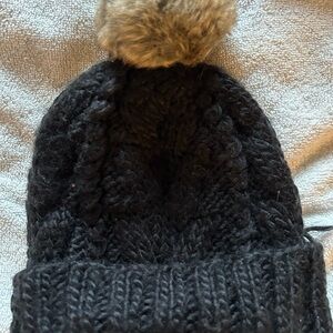 Black Knit Beanie with Faux Fur Pom